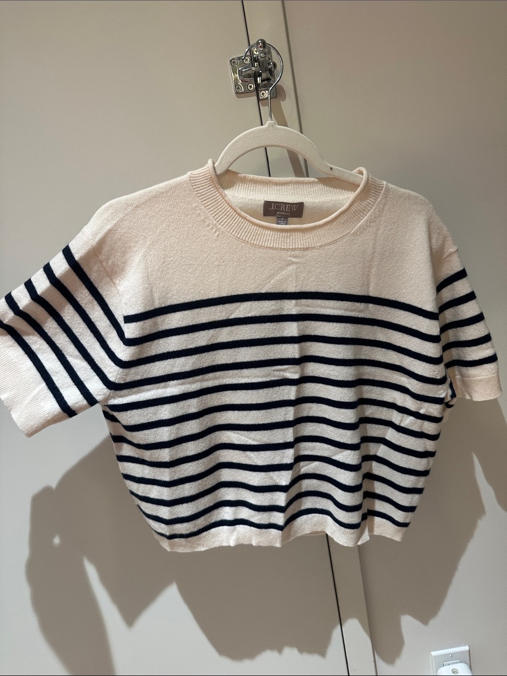 J. Crew Cream and Navy Striped Short-Sleeve Cashmere Sweater